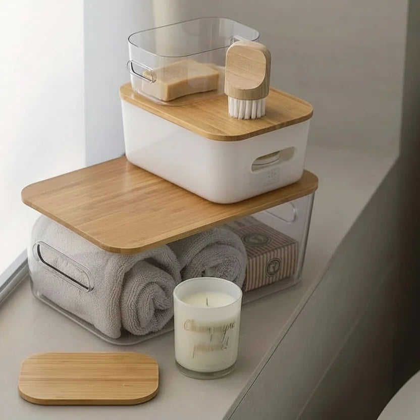Caja de almacenamiento apilable con tapa transparente mediana para frigorífico