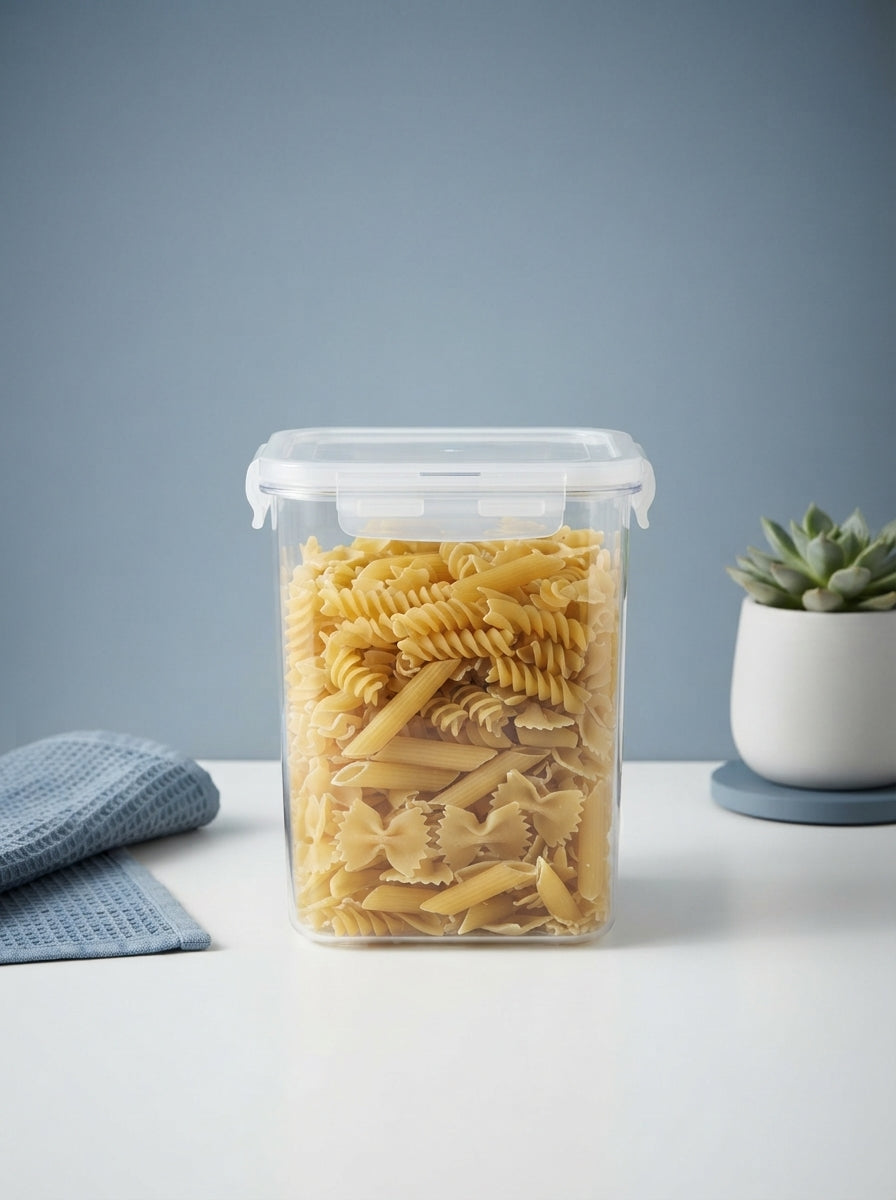 A clear 1-litre airtight food storage container filled with pasta sitting on a white counter with slate blue decor.