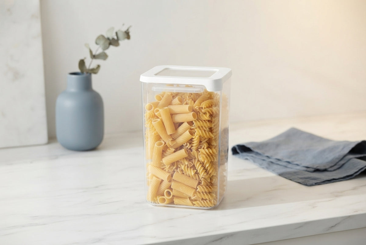 A 1-litre airtight food storage container filled with pasta on a kitchen counter with blue-toned decor.