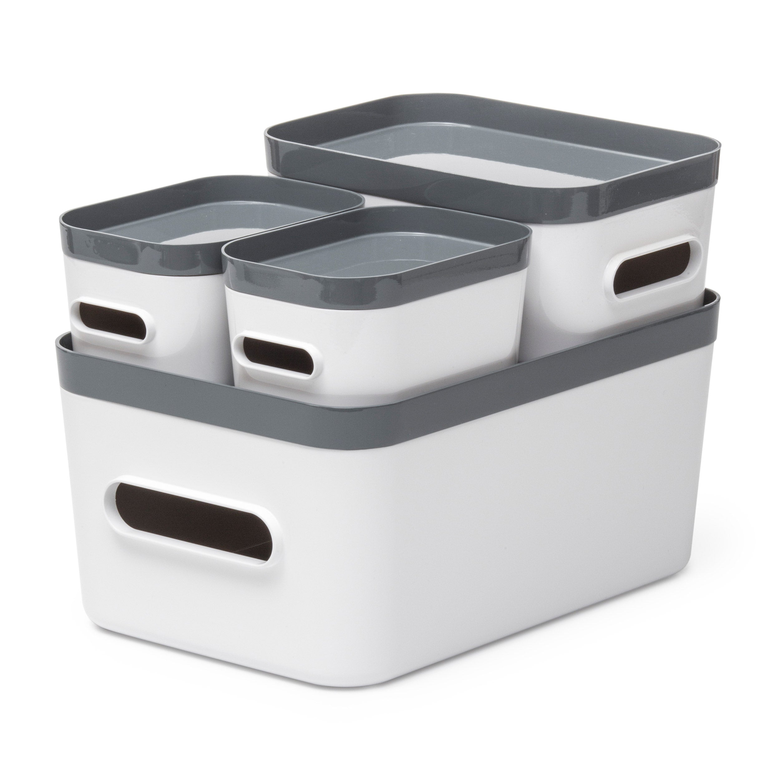 Juego de cajas de almacenamiento apilables con tapa, blancas y grises